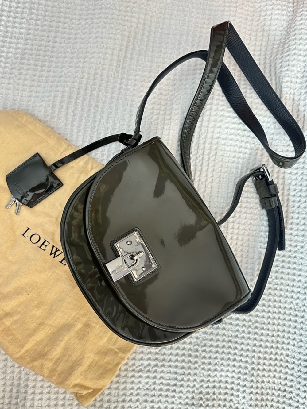 Vintage LOEWE Green Patent Leather Bag with Lock & Key